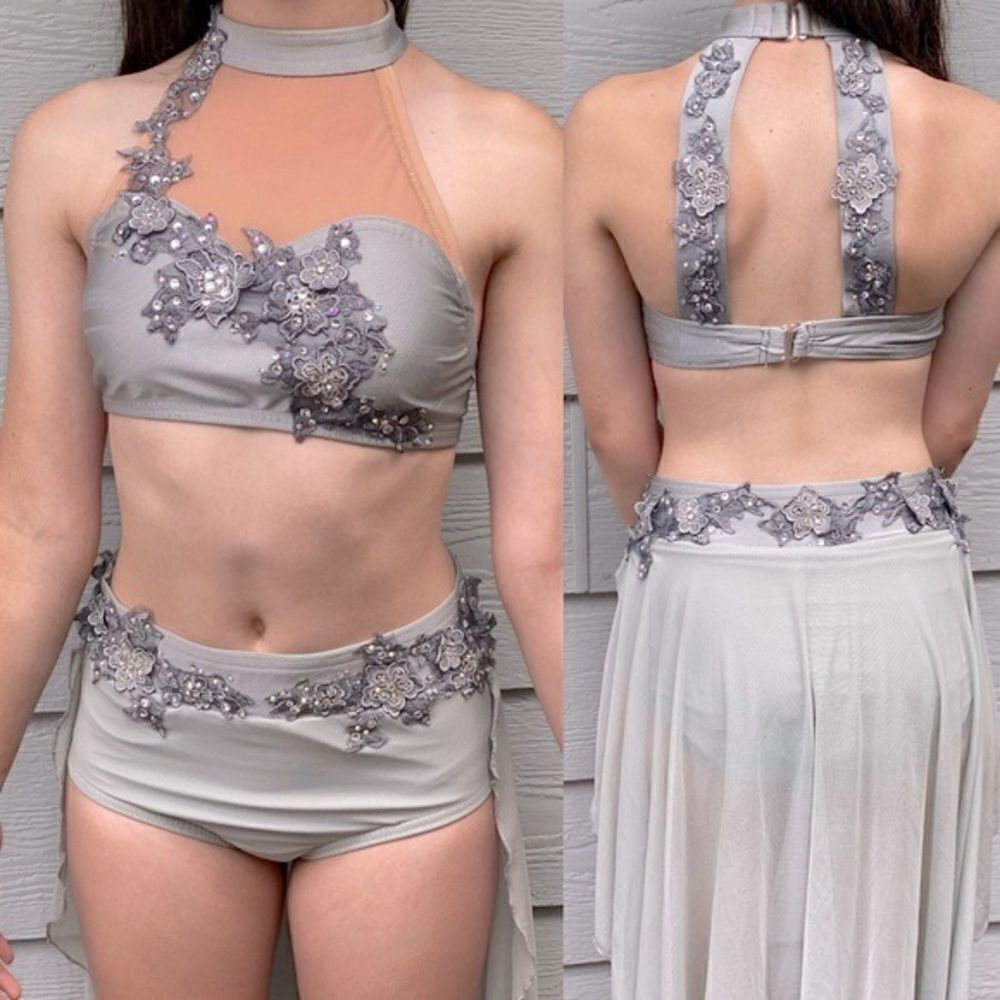 Glamorous dance costume lyrical 2 piece gray nude illusion rhinestoned AXS